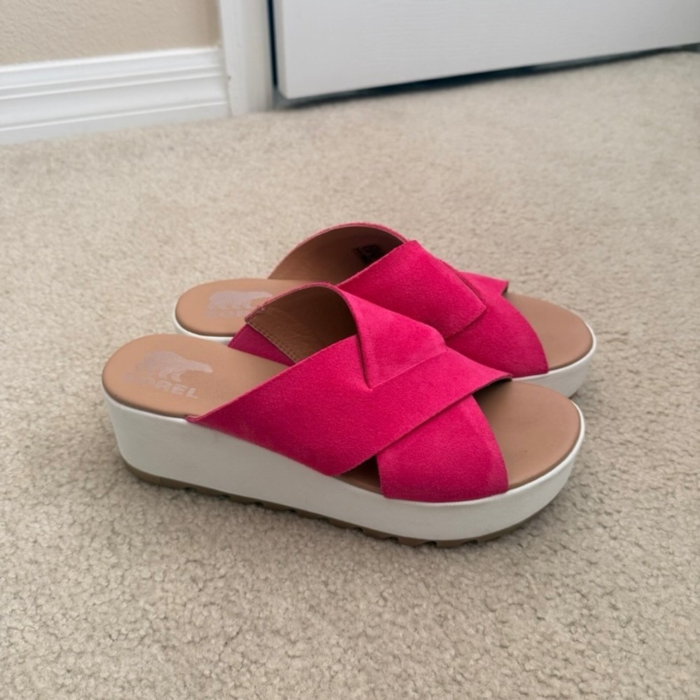 Sorel Cameron Flatform Slide Sandals Pink Suede Womens 9 Platform Summer